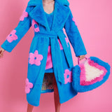 Jayley Eco Bamboo Blue Faux Fur Coat with Pink Flower Detailing