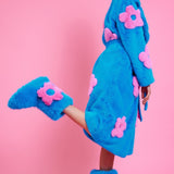 Jayley Eco Bamboo Blue Faux Fur Coat with Pink Flower Detailing