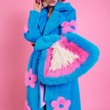 Jayley Eco Bamboo Blue Faux Fur Coat with Pink Flower Detailing