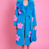 Jayley Eco Bamboo Blue Faux Fur Coat with Pink Flower Detailing
