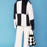 Jayley Black Faux Shearling Checkered Oversized Coat