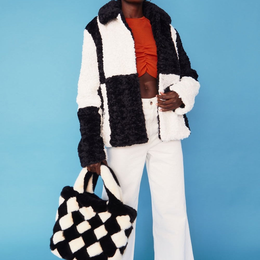 Jayley Black Faux Shearling Checkered Oversized Coat