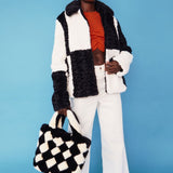 Jayley Black Faux Shearling Checkered Oversized Coat