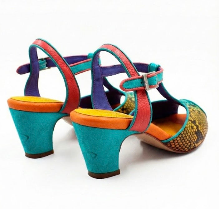 Colorful shoe with snake skin pattern pair heel
