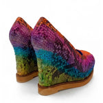 Multicolored snake skin wedge shoe pair heel