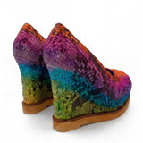 Multicolored snake skin wedge shoe pair heel