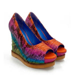 Multicolored snake skin wedge shoe pair side