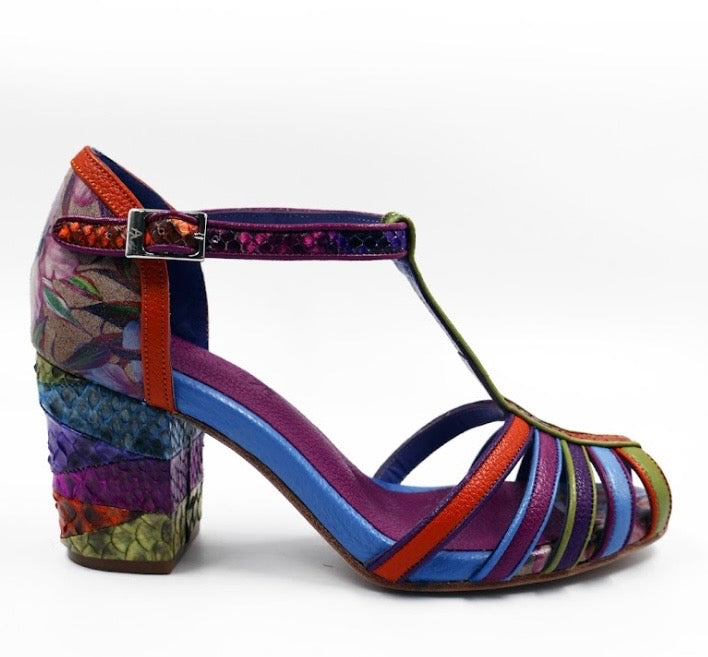 Colorful heel with a patterned sole close-up