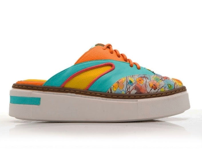 Colorful sneaker with floral pattern close-up