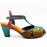 Colorful shoe with snake skin pattern close-up