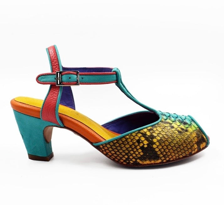 Colorful shoe with snake skin pattern close-up