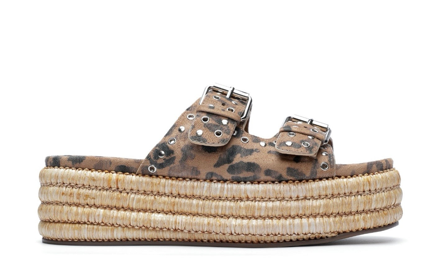 Leopard print sandal with woven sole close-up