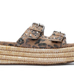 Leopard print sandal with woven sole close-up
