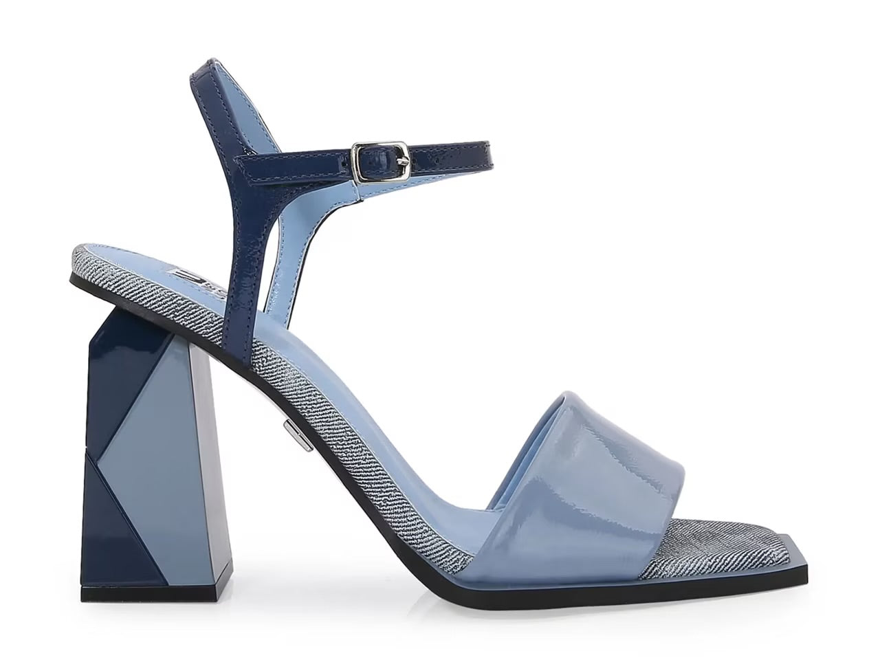 Blue high-heeled sandal with geometric sole design close-up