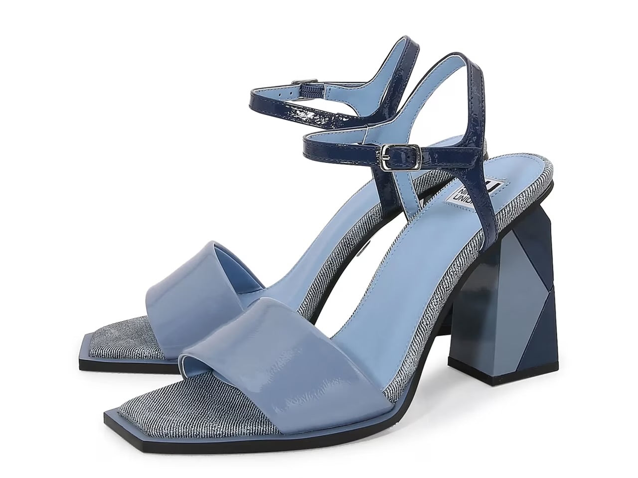 Blue high-heeled sandal with geometric sole design pair