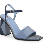 Blue high-heeled sandal with geometric sole design side