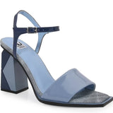 Blue high-heeled sandal with geometric sole design side