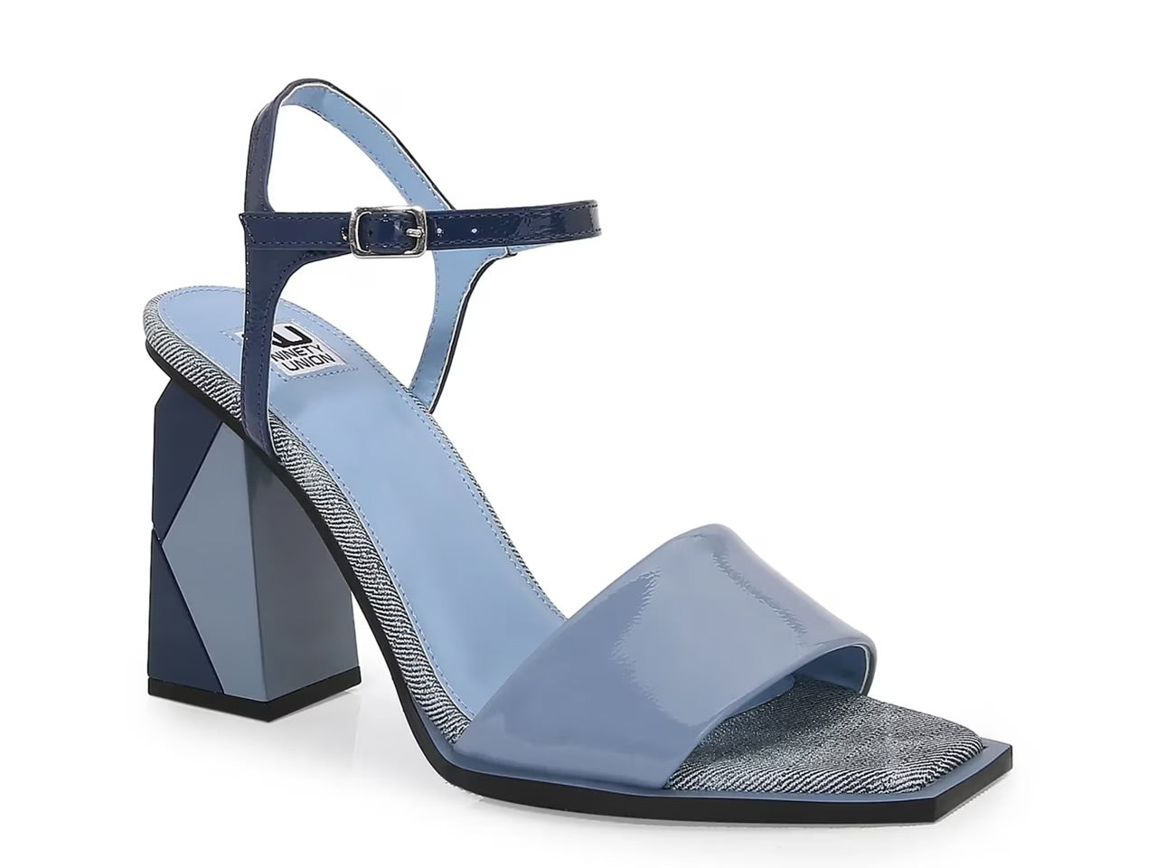 Blue high-heeled sandal with geometric sole design side