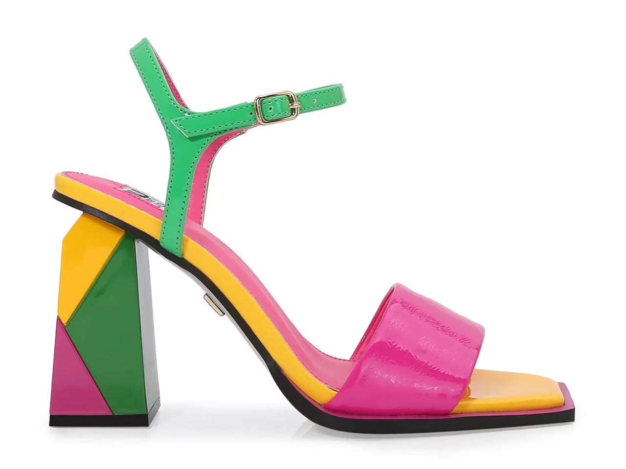 Colorful sandal with a geometric heel design close-up