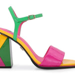 Colorful sandal with a geometric heel design close-up