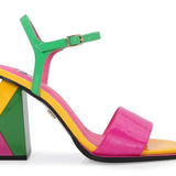 Colorful sandal with a geometric heel design close-up