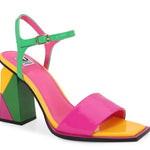 Colorful sandal with a geometric heel design side