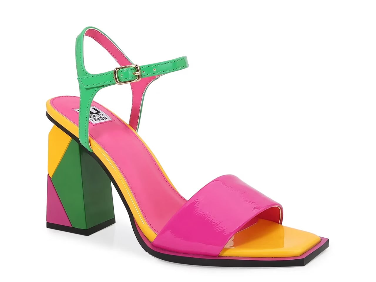 Colorful sandal with a geometric heel design side