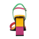 Colorful sandal with a geometric heel design heel