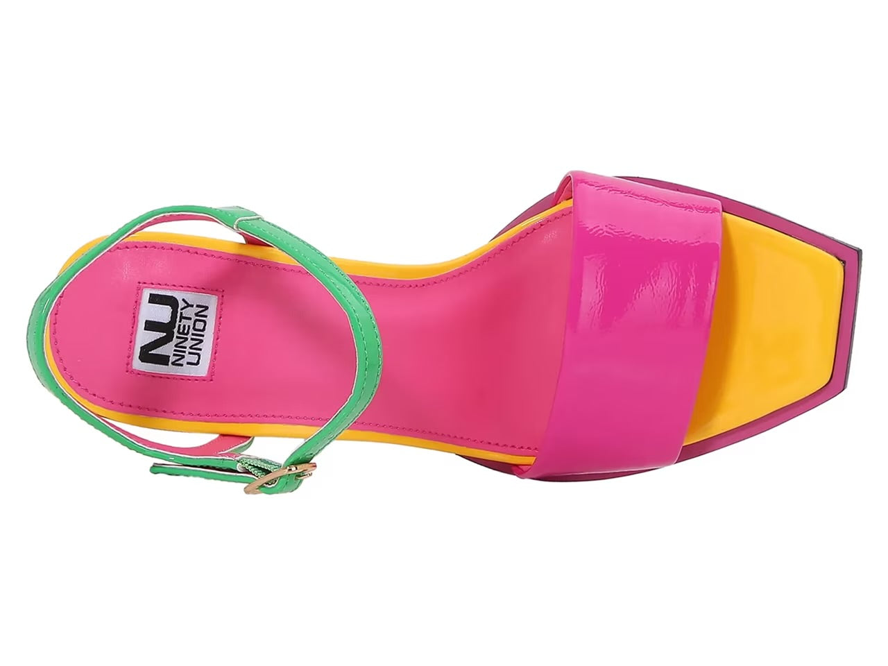 Colorful sandal with a geometric heel design top