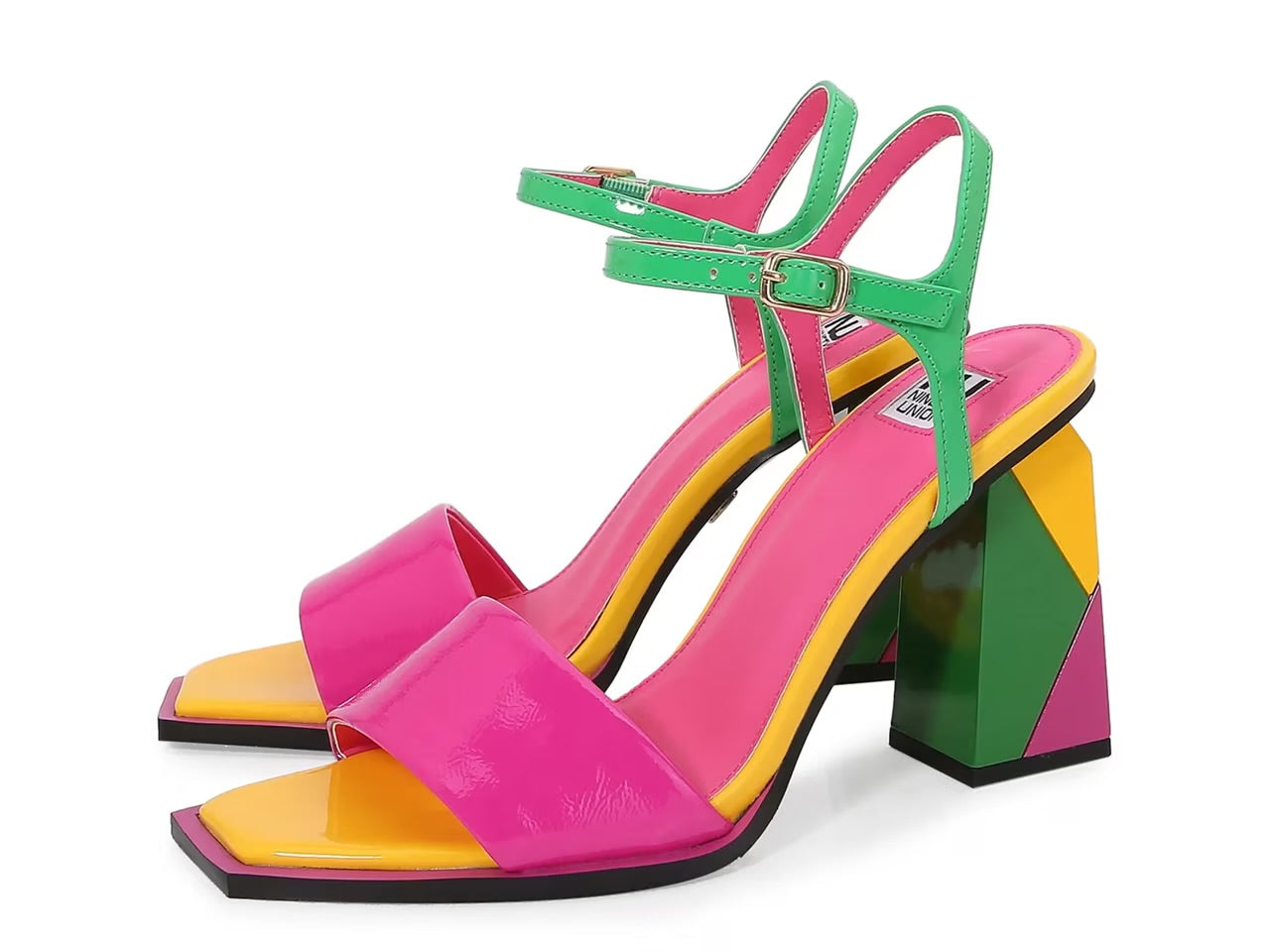 Colorful sandal with a geometric heel design pair