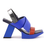 Blue high-heeled sandal with brown strap