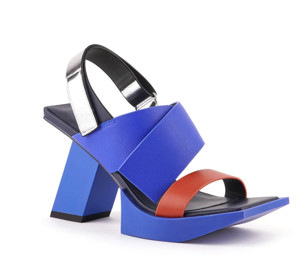 Blue high-heeled sandal with brown strap alt