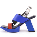 Blue high-heeled sandal with brown strap side