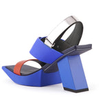 Blue high-heeled sandal with brown strap rear