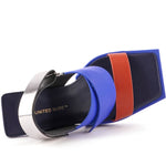 Blue high-heeled sandal with brown strap inside