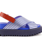 Blue and white striped sandal with a brown strap