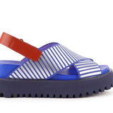 Blue and white striped sandal with a brown strap