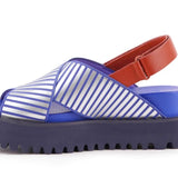 Blue and white striped sandal with a brown strap on a white background