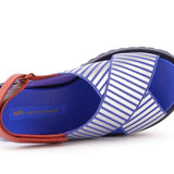 Blue and white striped sandal with brown strap on a white background