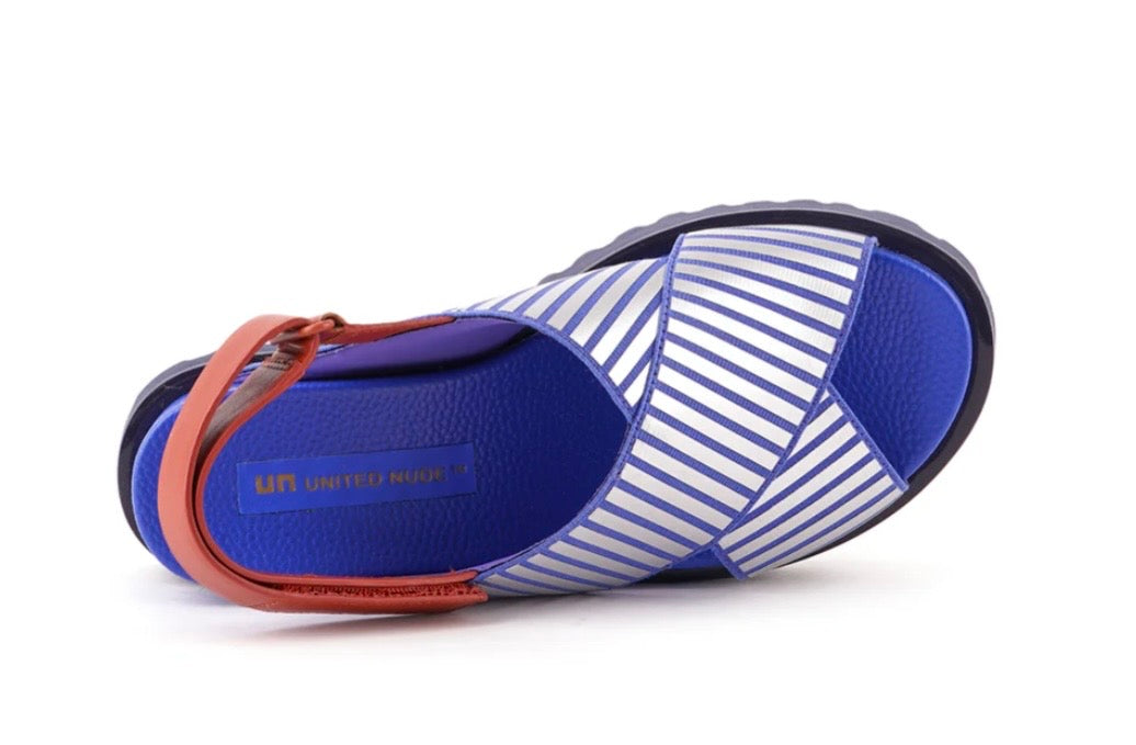 Blue and white striped sandal with brown strap on a white background