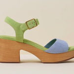 Green and blue wedge with wooden heel close-up