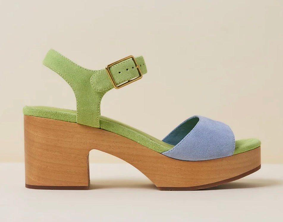 Green and blue wedge with wooden heel close-up
