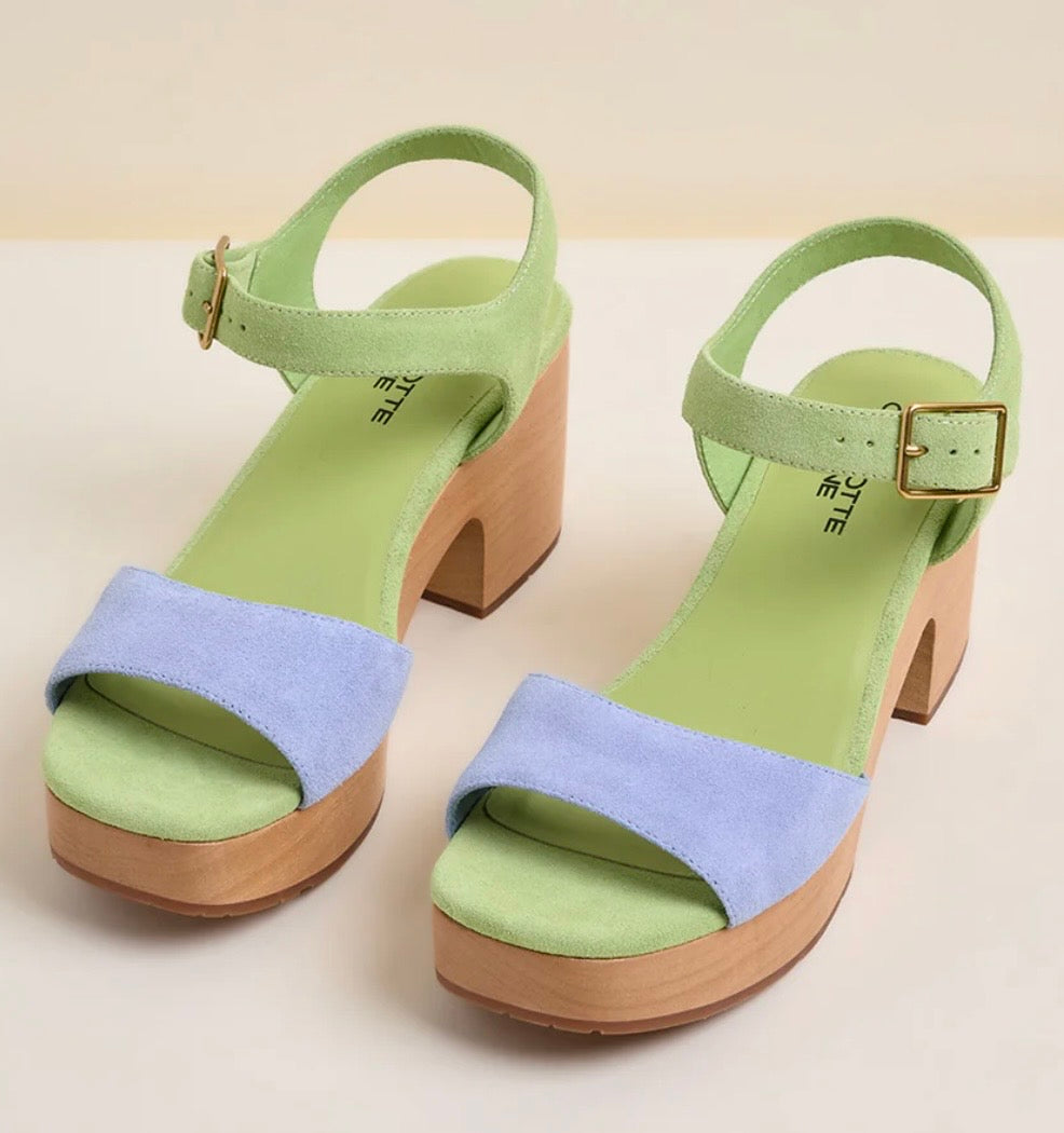 Green and blue wedge with wooden heel pair