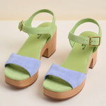 Green and blue wedge with wooden heel pair