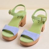 Green and blue wedge with wooden heel pair