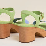 Green and blue wedge with wooden heel pair heel