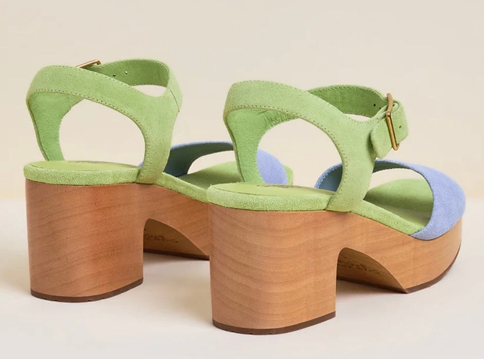 Green and blue wedge with wooden heel pair heel