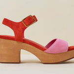 Red and pink wedge with wooden block heel close-up