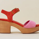 Red and pink wedge with wooden block heel close-up