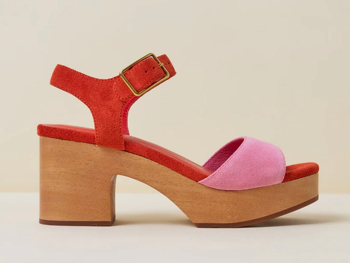 Red and pink wedge with wooden block heel close-up